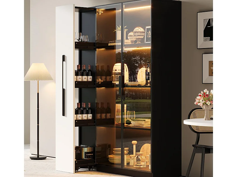 Vitrine 110,5x35x160 cm - mit LED-Beleuchtung - Seitliche Auszugsschublade - 2 Glastüren - Auf Rollen - MDF - Schwarz