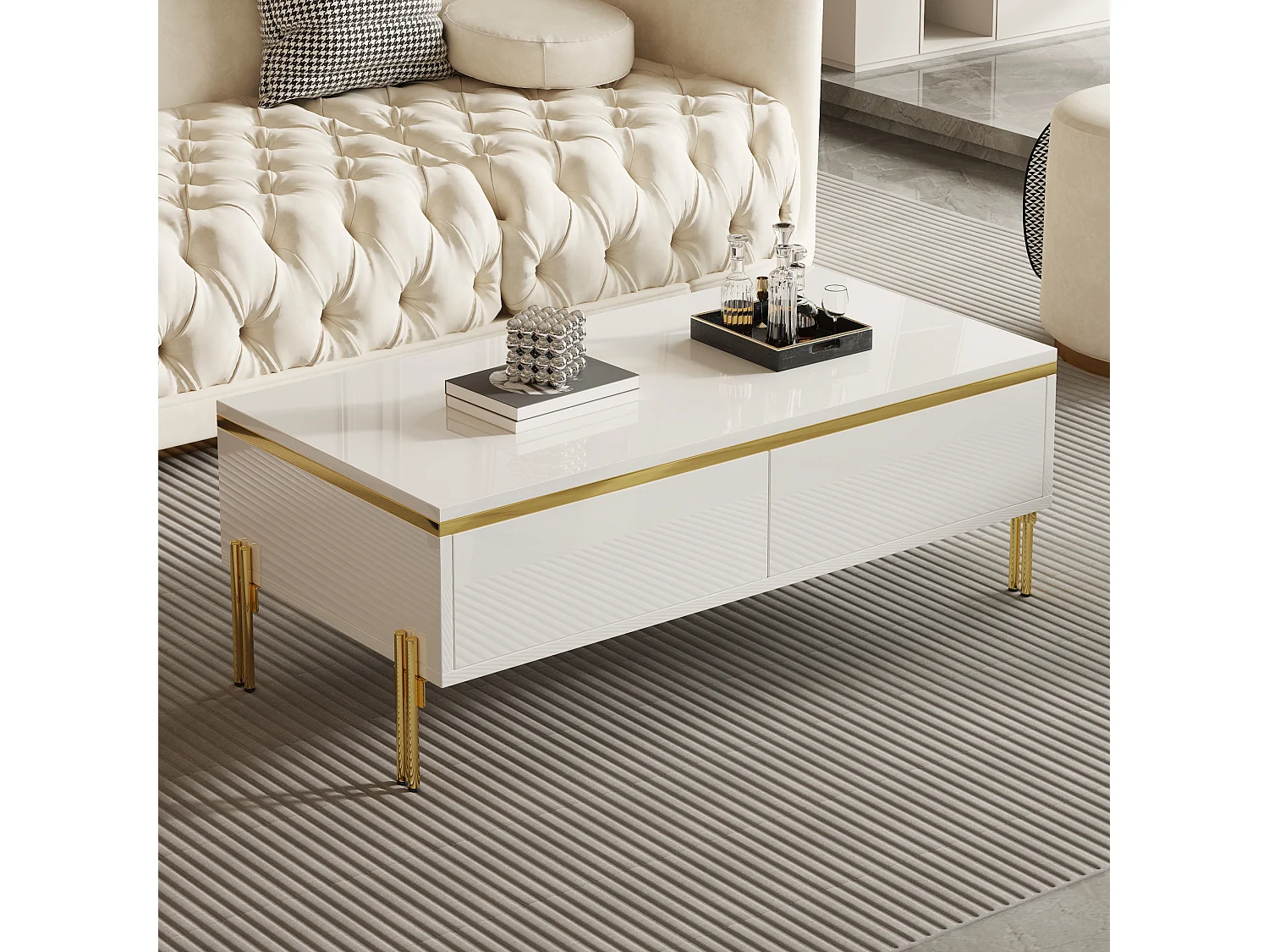 Hochglänzender lackierter Couchtisch 100x50x36 cm - 2 Schubladen - Metallfüße - Spanplatten - Weiß