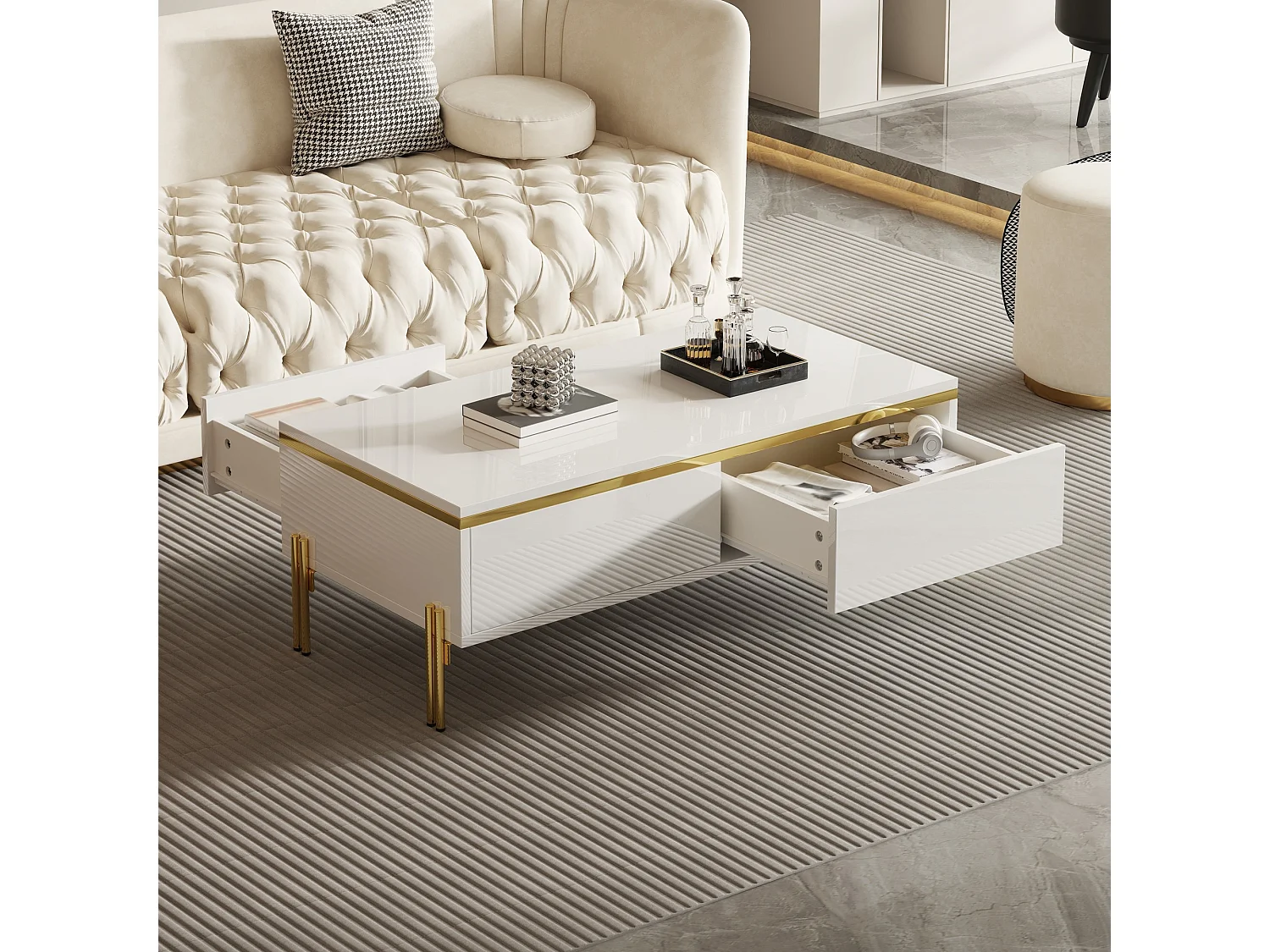 Hochglänzender lackierter Couchtisch 100x50x36 cm - 2 Schubladen - Metallfüße - Spanplatten - Weiß