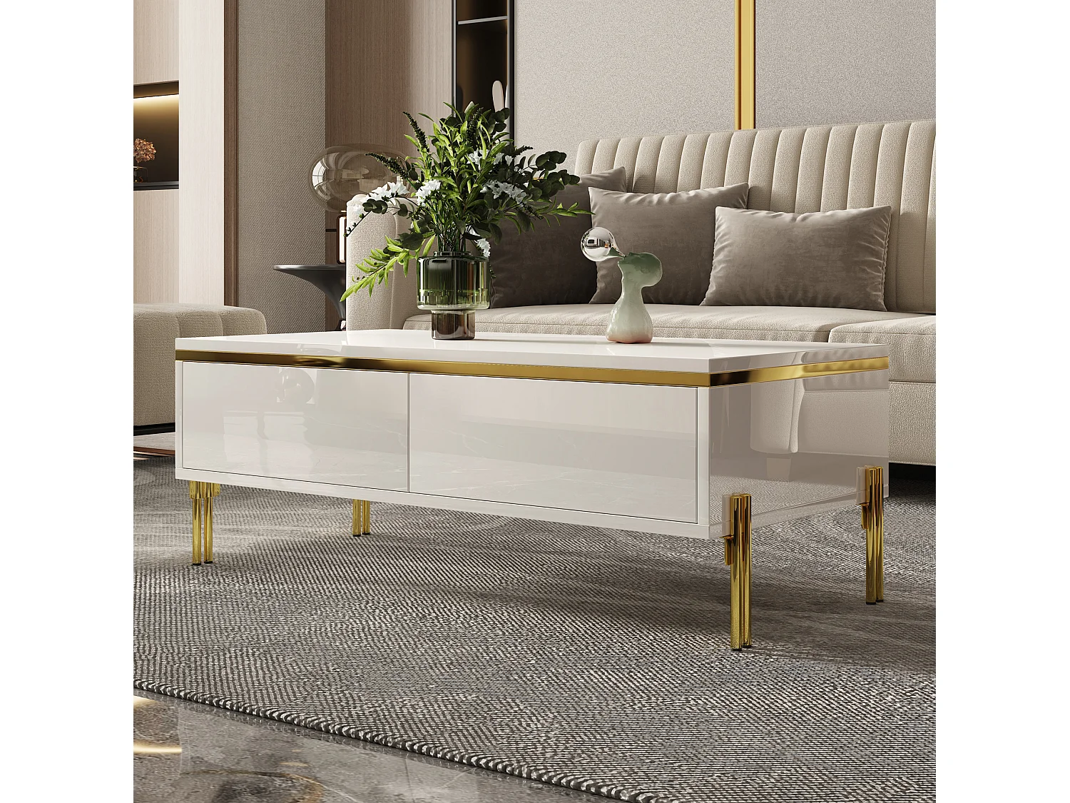 Hochglänzender lackierter Couchtisch 100x50x36 cm - 2 Schubladen - Metallfüße - Spanplatten - Weiß