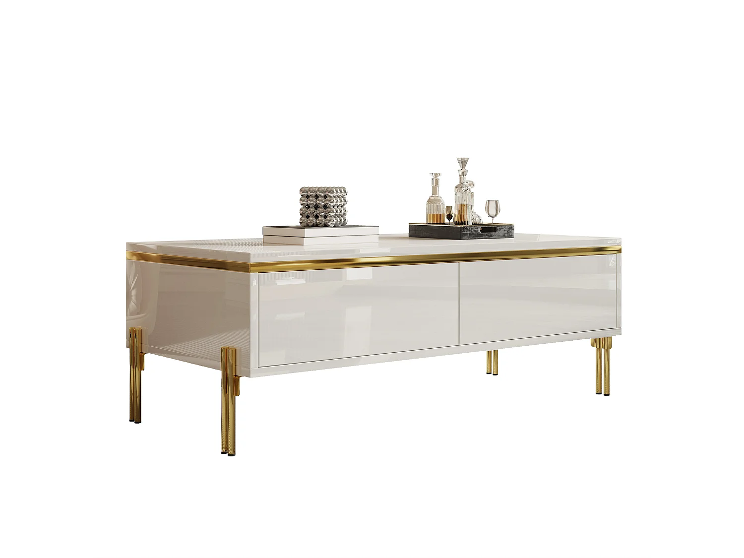 Hochglänzender lackierter Couchtisch 100x50x36 cm - 2 Schubladen - Metallfüße - Spanplatten - Weiß