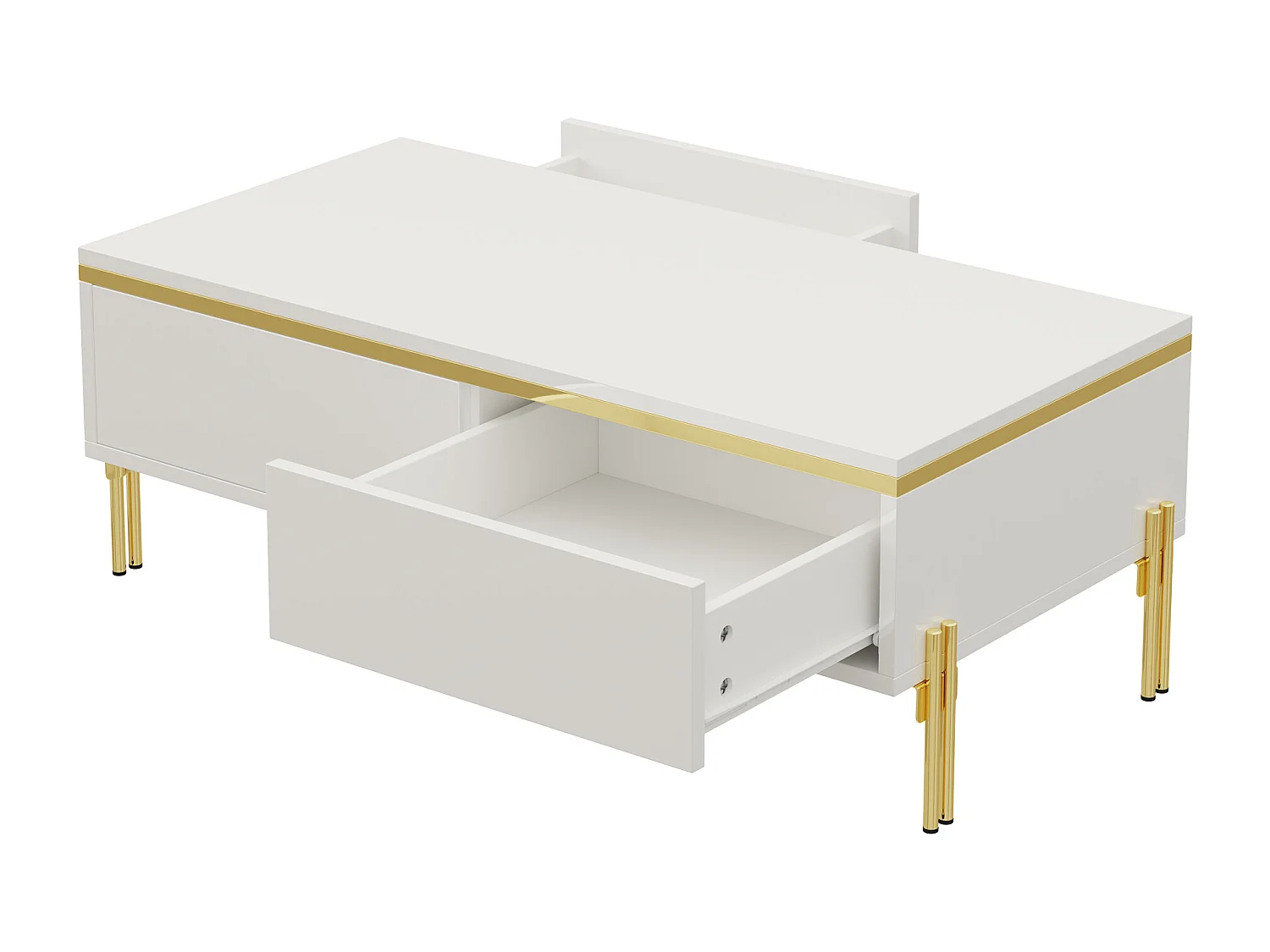 Hochglänzender lackierter Couchtisch 100x50x36 cm - 2 Schubladen - Metallfüße - Spanplatten - Weiß