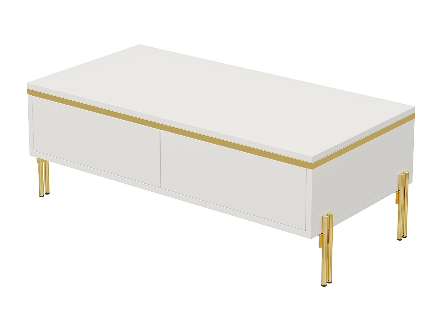 Hochglänzender lackierter Couchtisch 100x50x36 cm - 2 Schubladen - Metallfüße - Spanplatten - Weiß