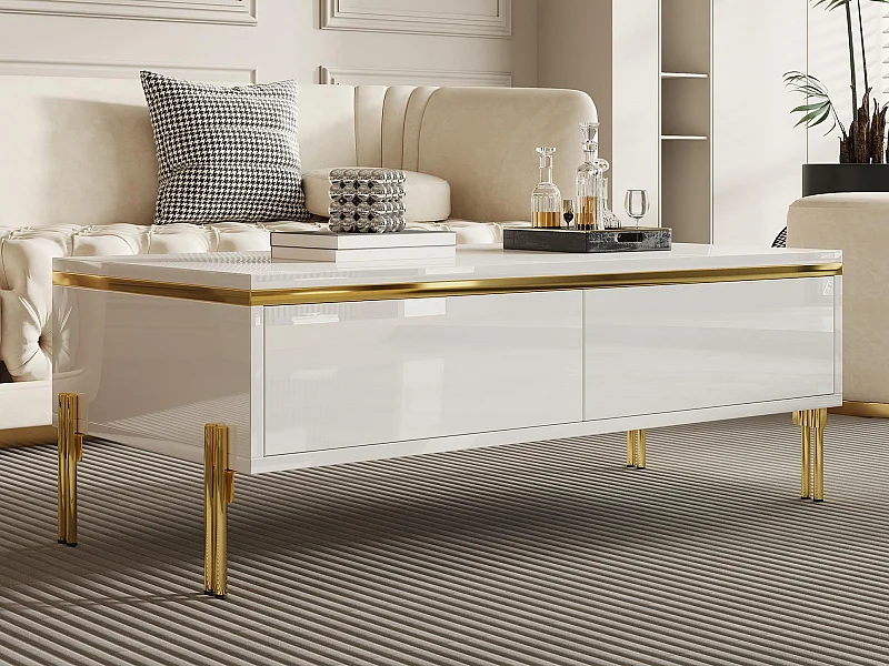 Hochglänzender lackierter Couchtisch 100x50x36 cm - 2 Schubladen - Metallfüße - Spanplatten - Weiß