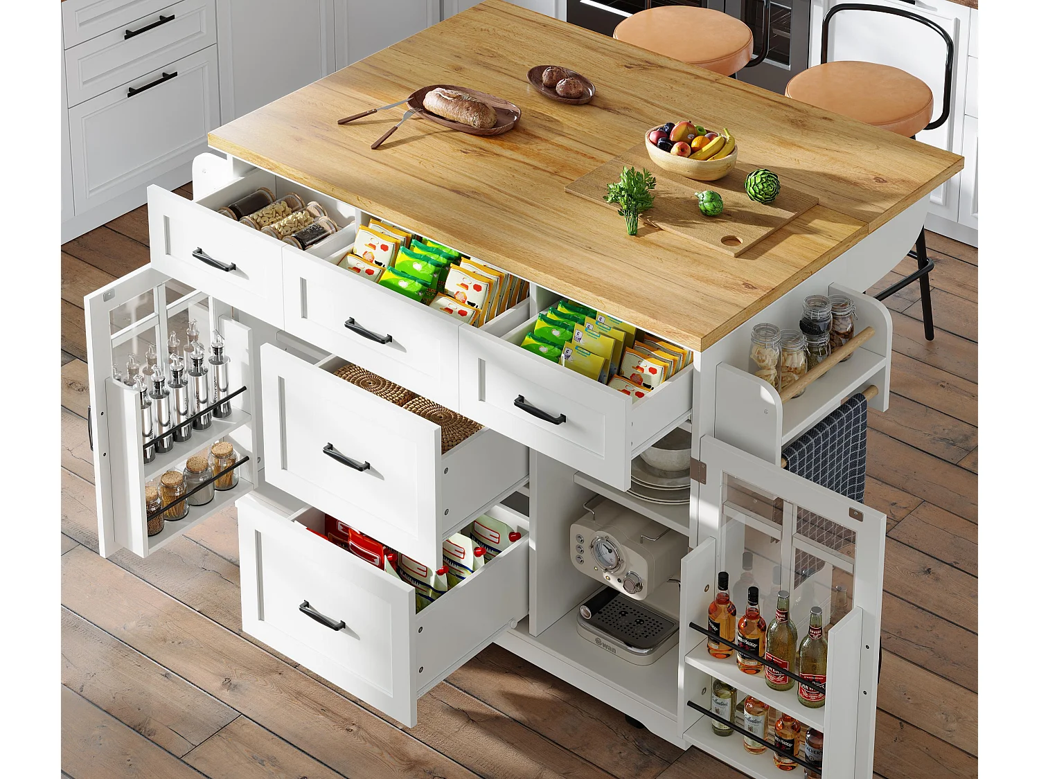 Ilot central de cuisine mobile - Plateau extensible - 140x40x95cm - 2 portes et 5 tiroirs - avec porte-serviettes - MDF - Blanc