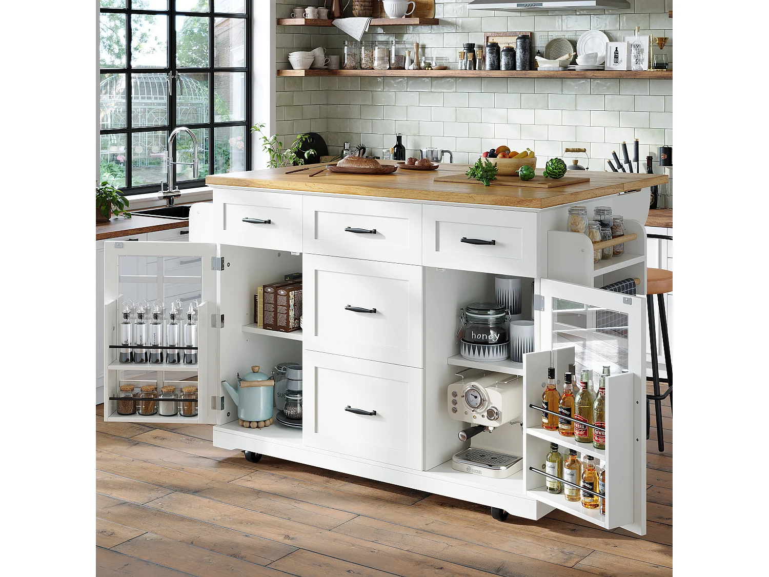 Ilot central de cuisine mobile - Plateau extensible - 140x40x95cm - 2 portes et 5 tiroirs - avec porte-serviettes - MDF - Blanc