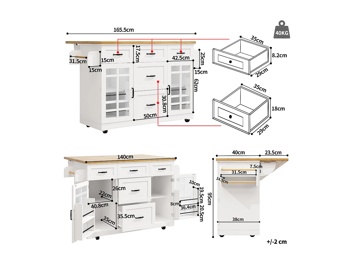 Ilot central de cuisine mobile - Plateau extensible - 140x40x95cm - 2 portes et 5 tiroirs - avec porte-serviettes - MDF - Blanc