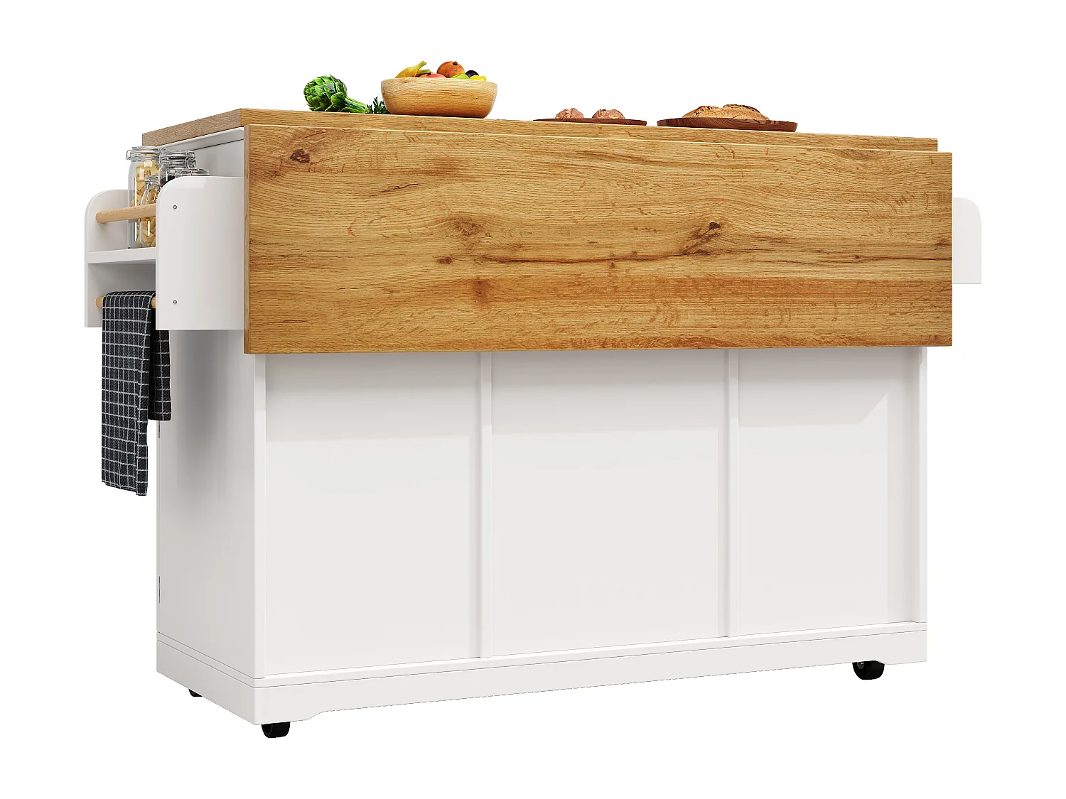 Ilot central de cuisine mobile - Plateau extensible - 140x40x95cm - 2 portes et 5 tiroirs - avec porte-serviettes - MDF - Blanc