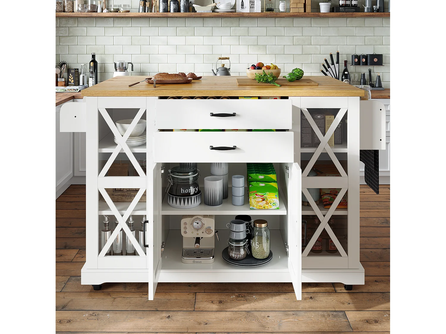 Ilot central de cuisine mobile - Plateau extensible - 120x40x95cm - 4 portes et 2 tiroirs - avec porte-serviettes - MDF - Blanc