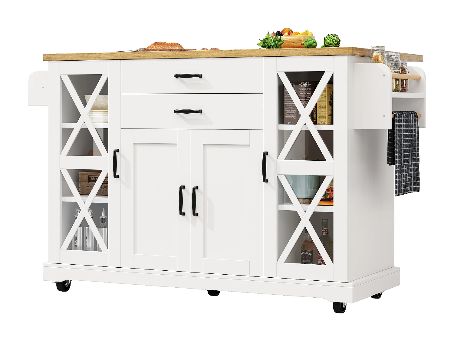 Ilot central de cuisine mobile - Plateau extensible - 120x40x95cm - 4 portes et 2 tiroirs - avec porte-serviettes - MDF - Blanc