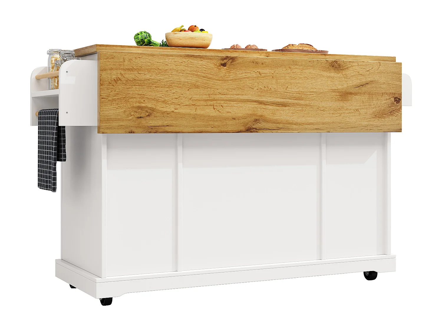 Ilot central de cuisine mobile - Plateau extensible - 120x40x95cm - 4 portes et 2 tiroirs - avec porte-serviettes - MDF - Blanc