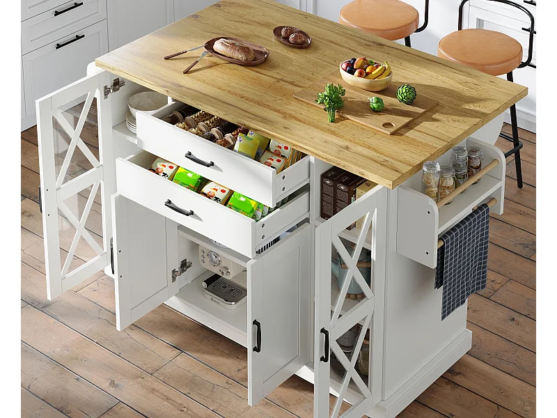 Ilot central de cuisine mobile - Plateau extensible - 120x40x95cm - 4 portes et 2 tiroirs - avec porte-serviettes - MDF - Blanc