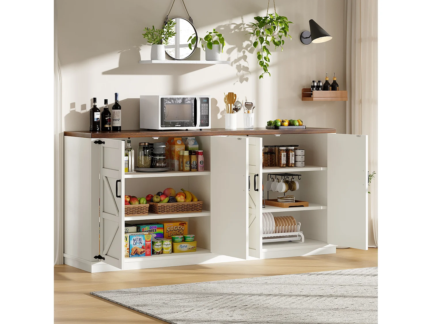 Buffet 160x40x85cm - avec 4 portes 6 étagères de rangement - style campagnard - poignée en métal - blanc