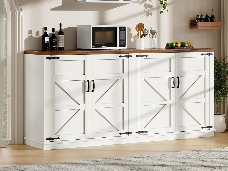 Buffet 160x40x85cm - avec 4 portes 6 étagères de rangement - style campagnard - poignée en métal - blanc