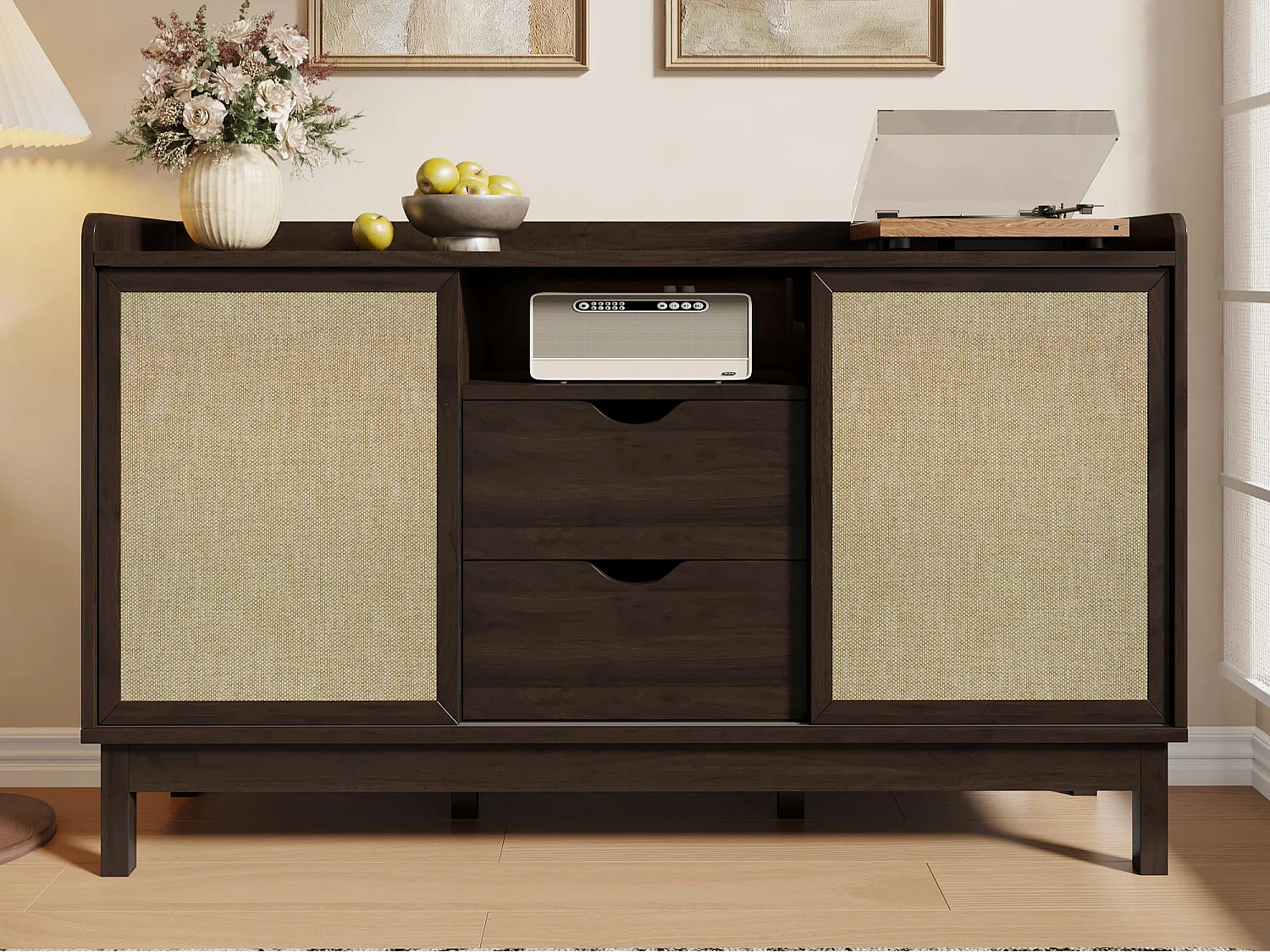 Buffet 150x39.5x80 cm - 2 portes coulissantes et 2 tiroirs - étagères réglables - panneaux de particules - Marron