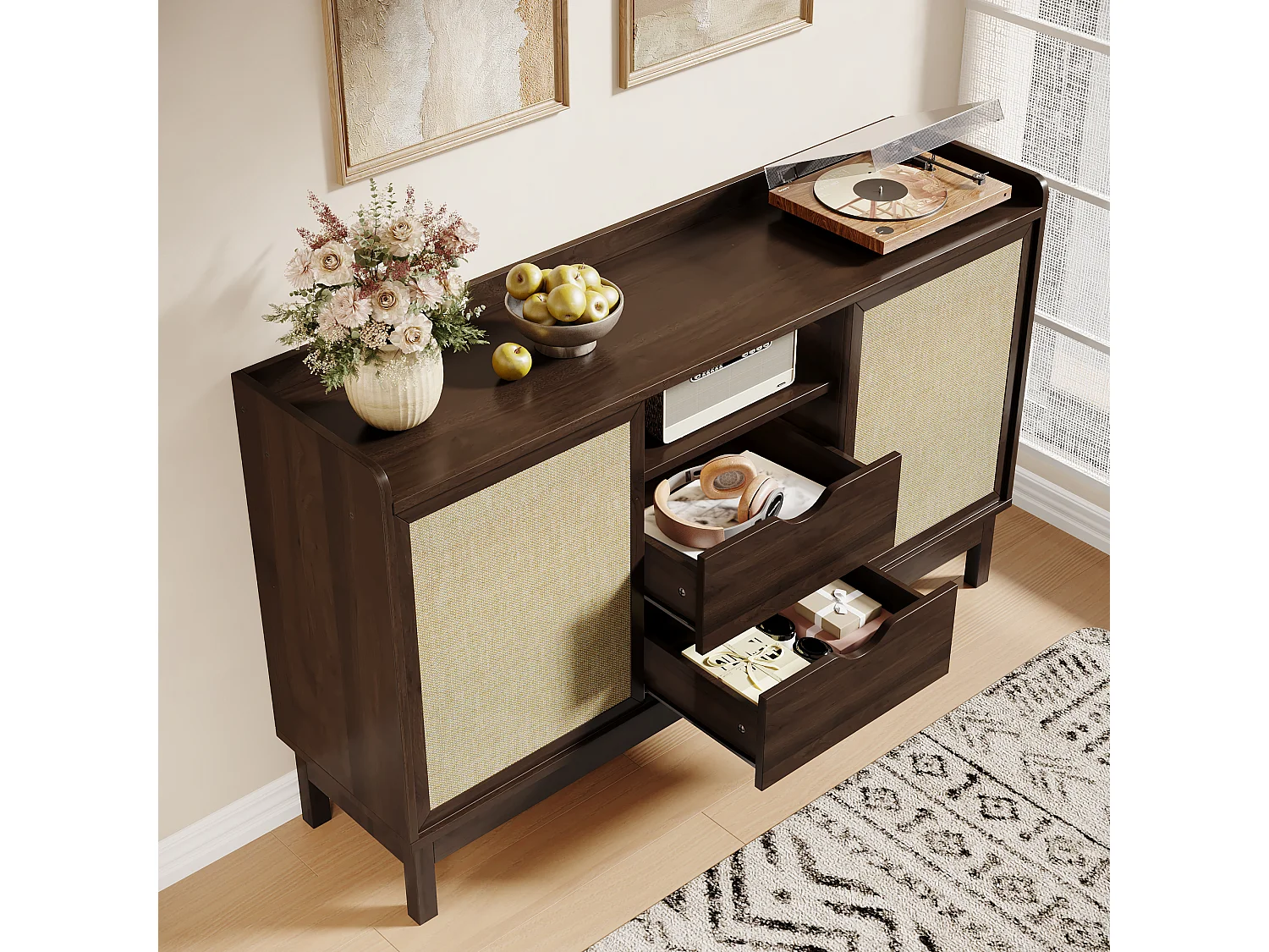 Buffet 150x39.5x80 cm - 2 portes coulissantes et 2 tiroirs - étagères réglables - panneaux de particules - Marron