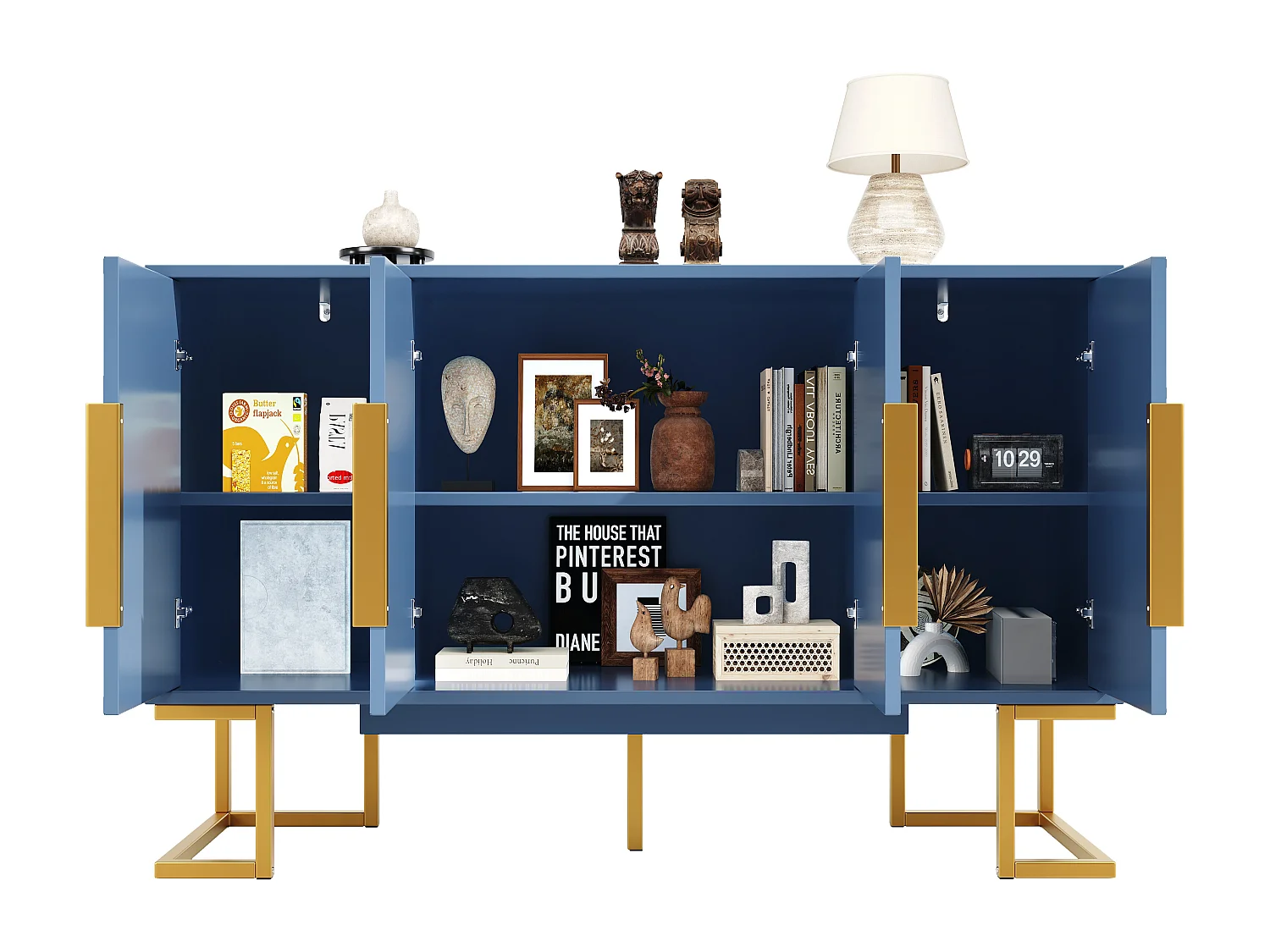 Dressoir 140x40x80cm - met 4 deuren, 6 opbergplanken - Moderne stijl - handgrepen en voet van metaal - Blauw