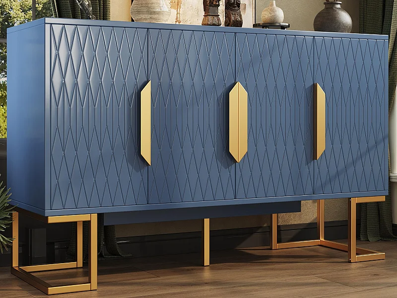 Dressoir 140x40x80cm - met 4 deuren, 6 opbergplanken - Moderne stijl - handgrepen en voet van metaal - Blauw