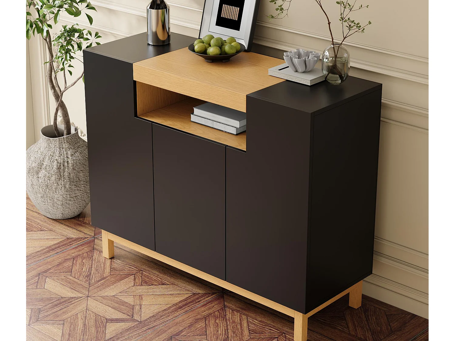 Buffet 120,5x42x96 cm - avec 3 portes - étagères ouvertes - panneaux de particules - noir