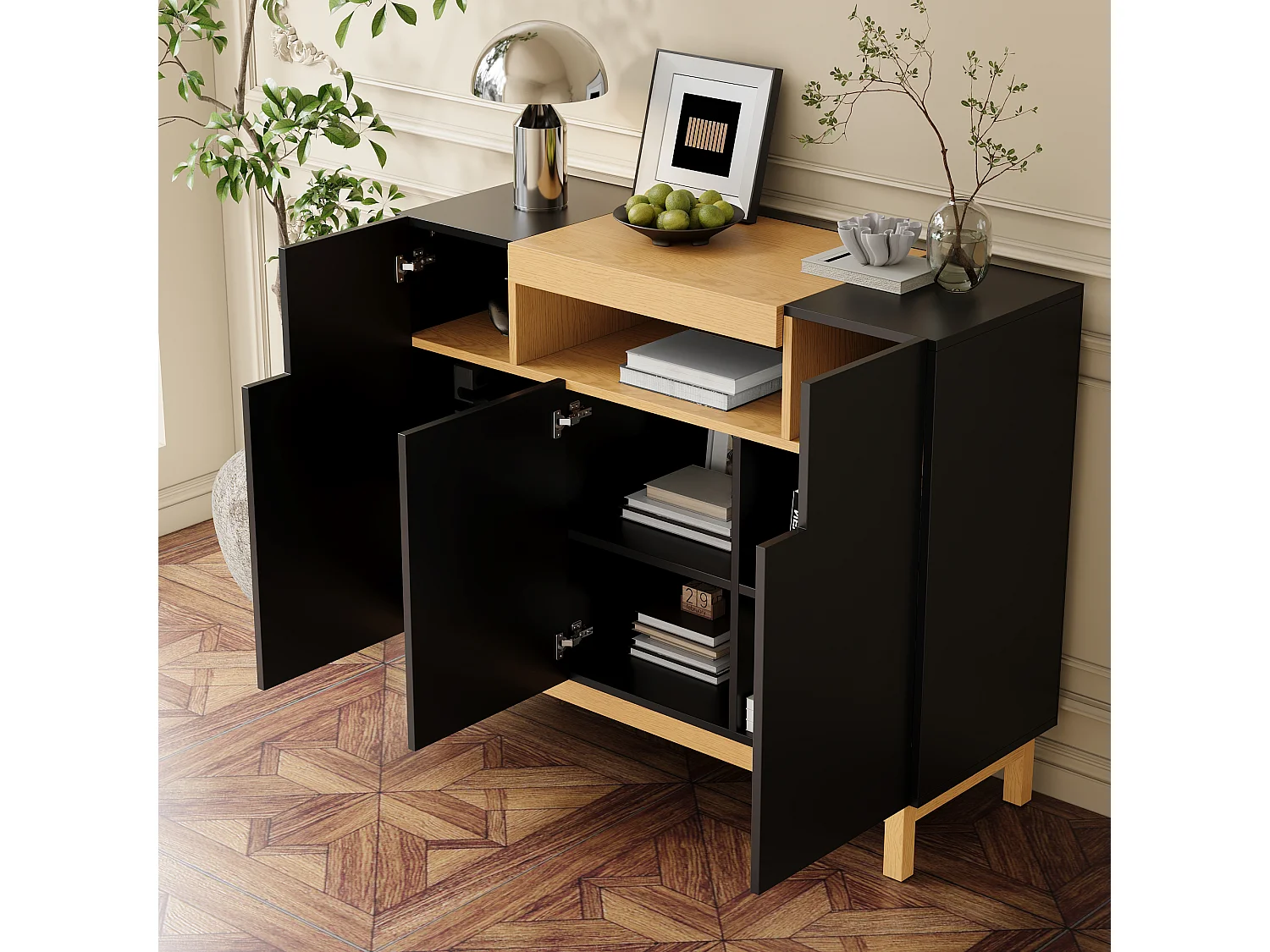 Buffet 120,5x42x96 cm - avec 3 portes - étagères ouvertes - panneaux de particules - noir