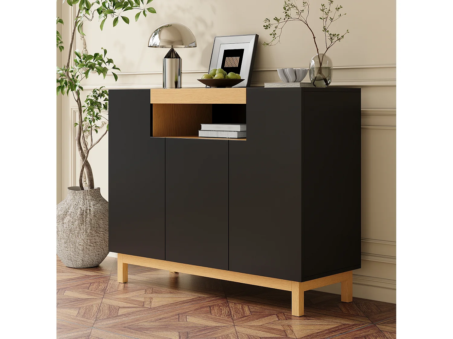 Buffet 120,5x42x96 cm - avec 3 portes - étagères ouvertes - panneaux de particules - noir