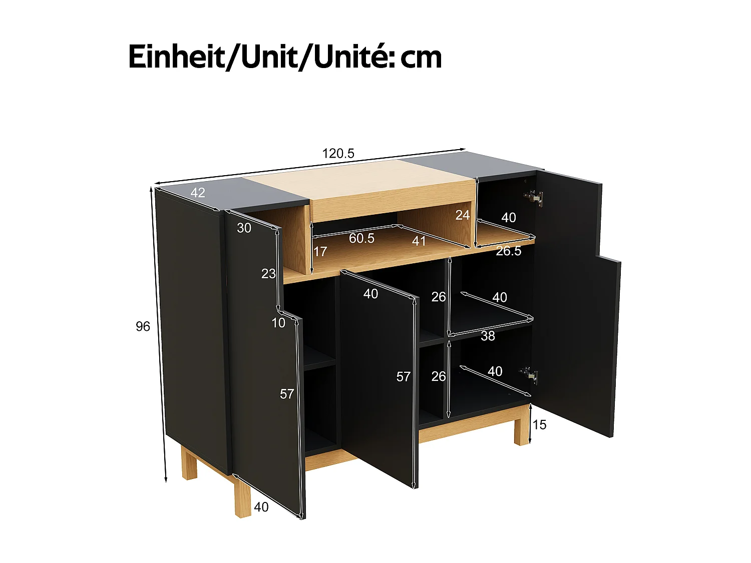 Buffet 120,5x42x96 cm - avec 3 portes - étagères ouvertes - panneaux de particules - noir