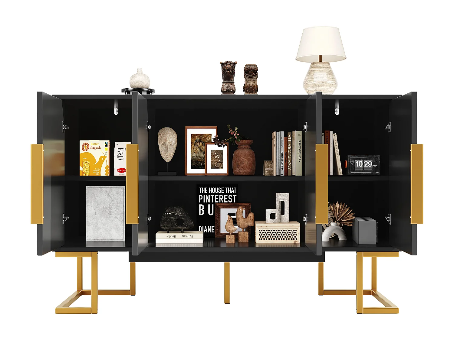 Dressoir 140x40x80cm - met 4 deuren, 6 opbergplanken - Moderne stijl - handgrepen en voet van metaal - Zwart