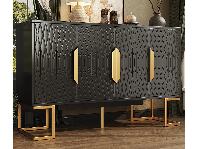 Buffet 140x40x80cm - avec 4 portes 6 étagères de rangement - Style moderne - poignées et base en métal - Noir
