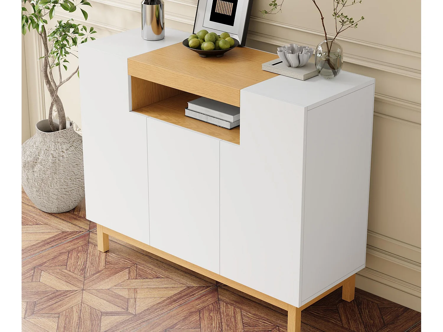 Buffet 120,5x42x96 cm - avec 3 portes - étagères ouvertes - panneaux de particules - blanc