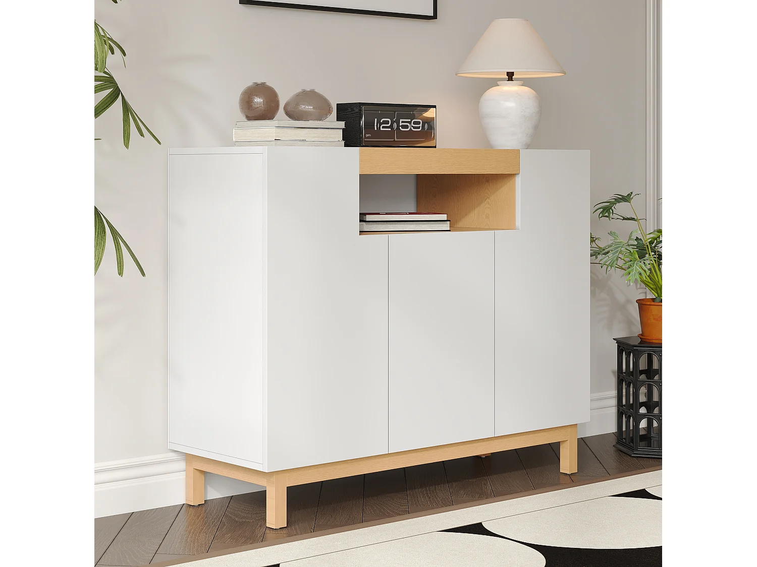 Buffet 120,5x42x96 cm - avec 3 portes - étagères ouvertes - panneaux de particules - blanc