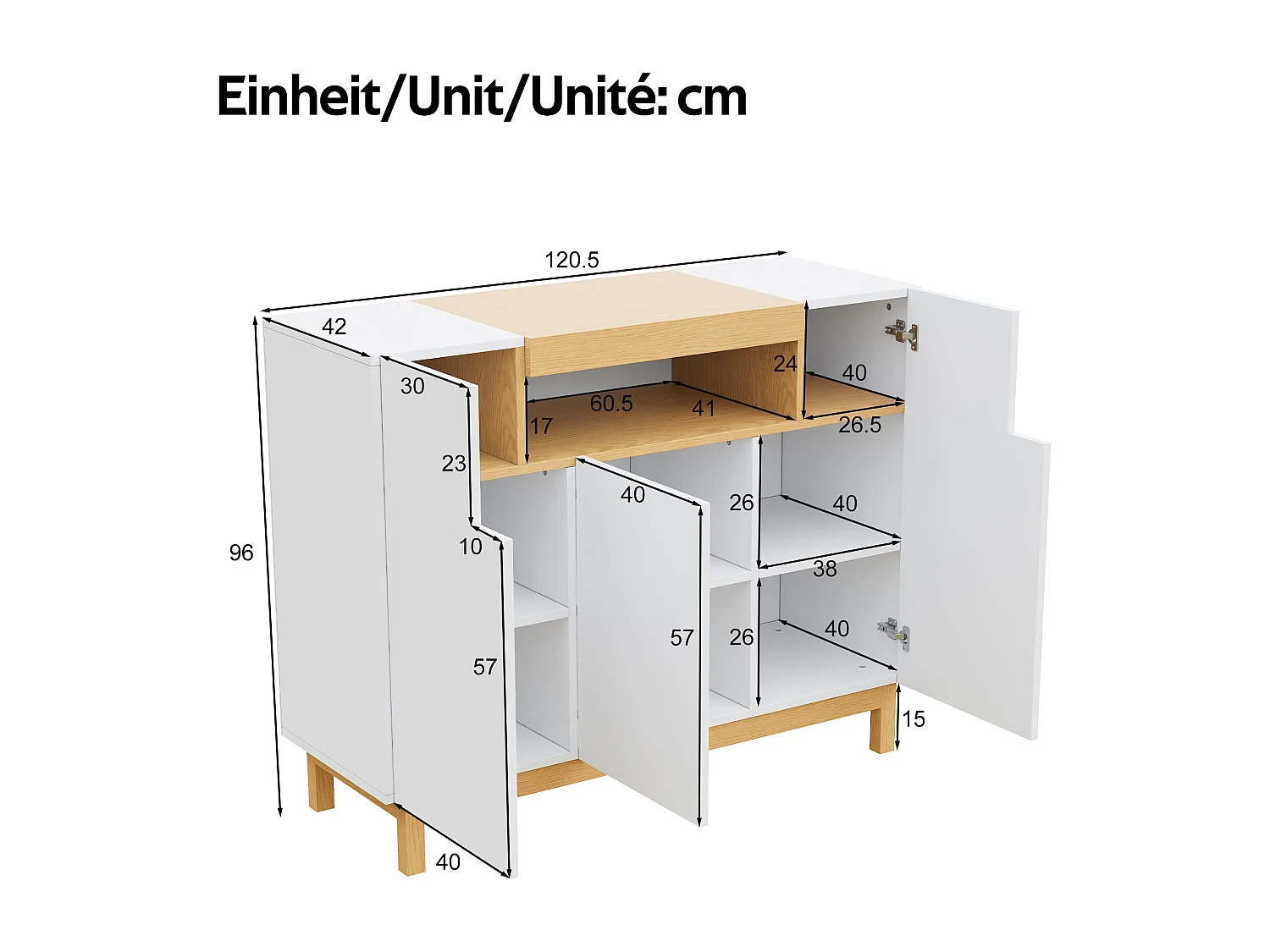 Buffet 120,5x42x96 cm - avec 3 portes - étagères ouvertes - panneaux de particules - blanc