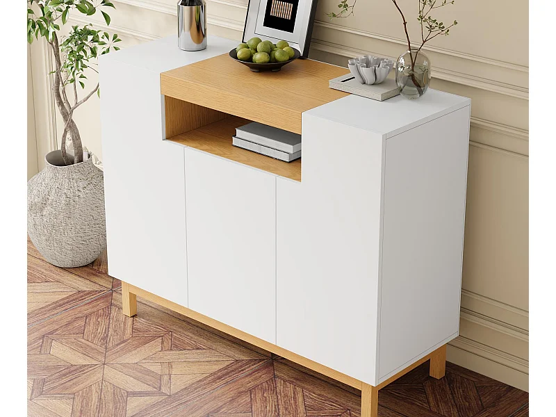 Buffet 120,5x42x96 cm - avec 3 portes - étagères ouvertes - panneaux de particules - blanc