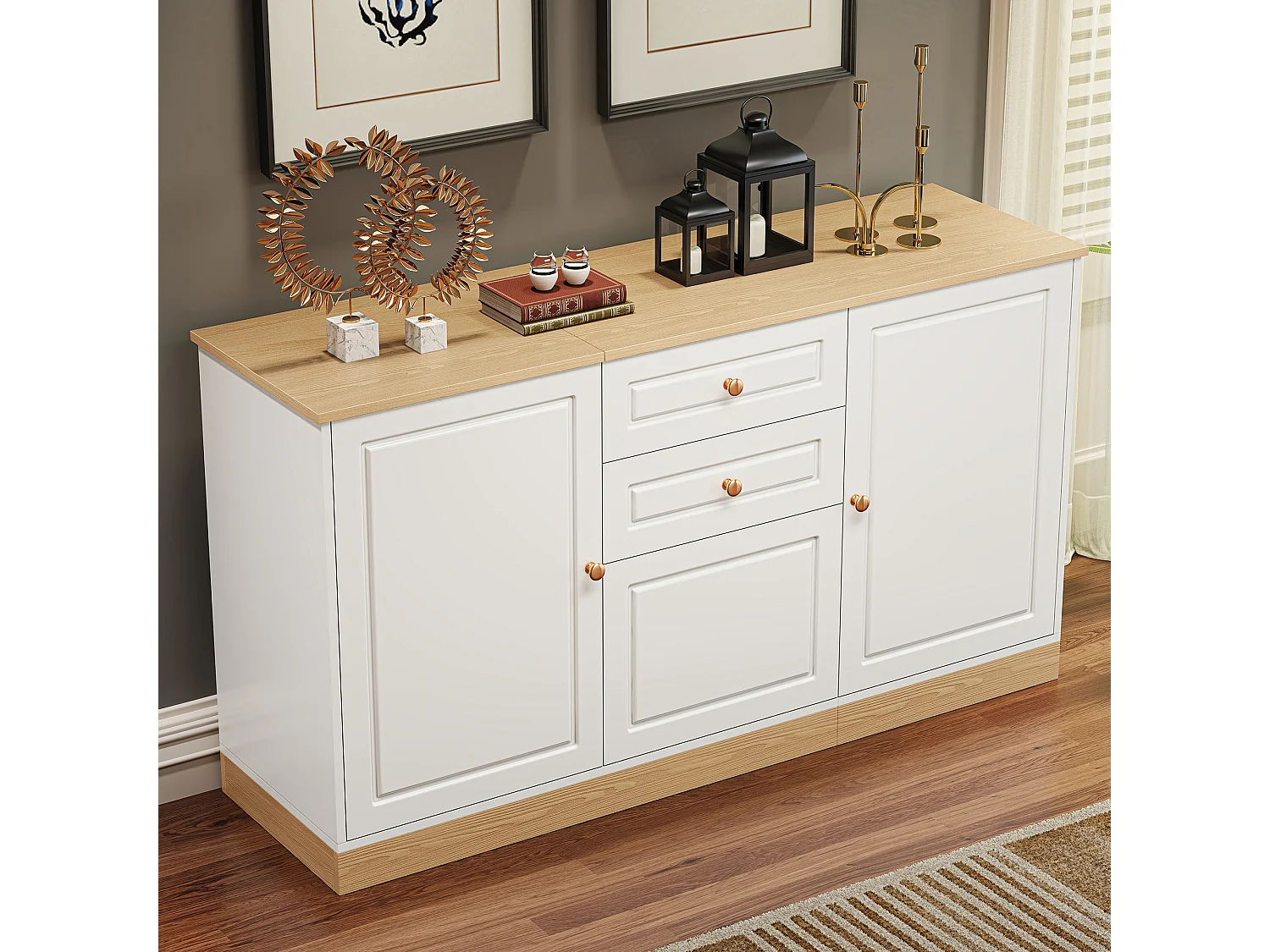 Buffet moderne 135,5x39x76 cm - 3 portes et 2 tiroirs - Large plateau - Étagères réglables - Panneaux de particules - Blanc+naturel