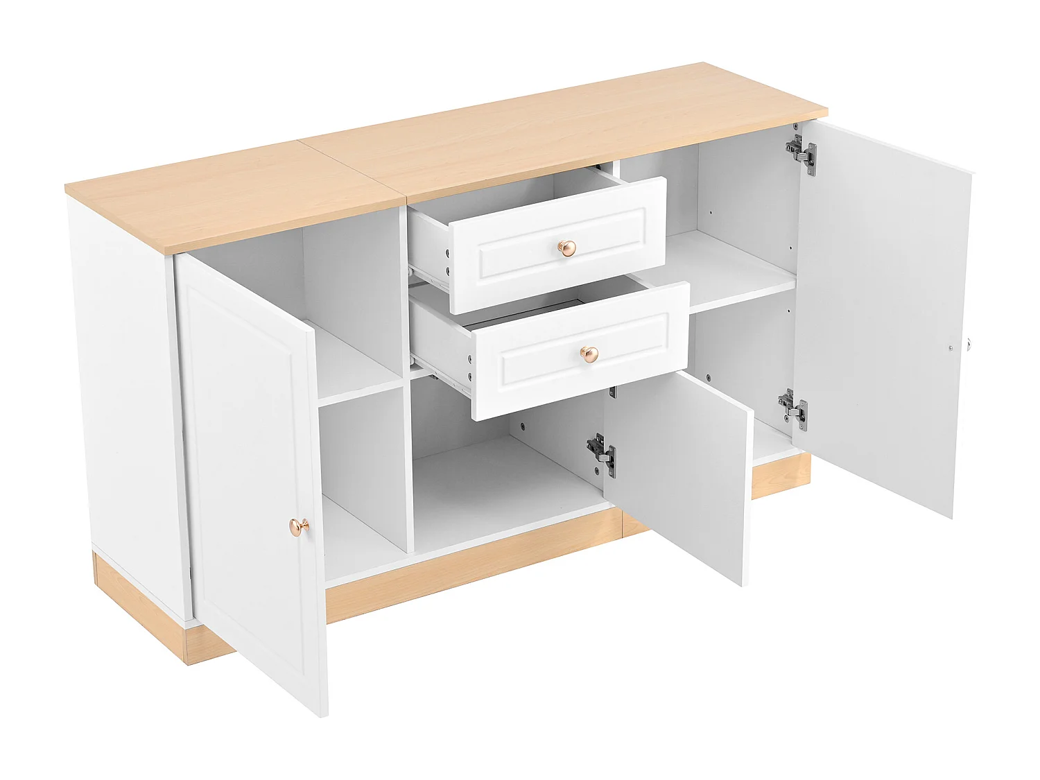 Buffet moderne 135,5x39x76 cm - 3 portes et 2 tiroirs - Large plateau - Étagères réglables - Panneaux de particules - Blanc+naturel