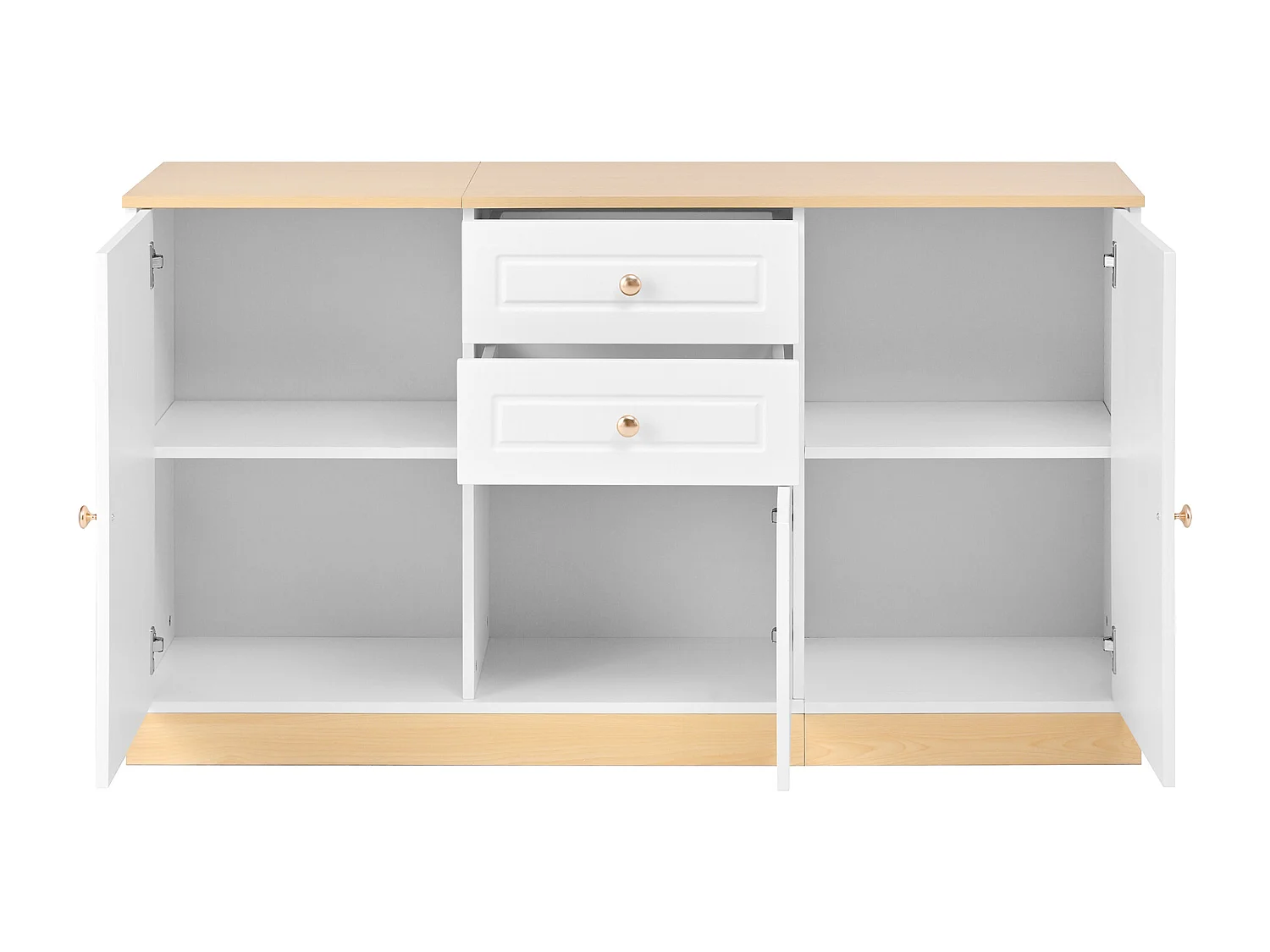 Buffet moderne 135,5x39x76 cm - 3 portes et 2 tiroirs - Large plateau - Étagères réglables - Panneaux de particules - Blanc+naturel