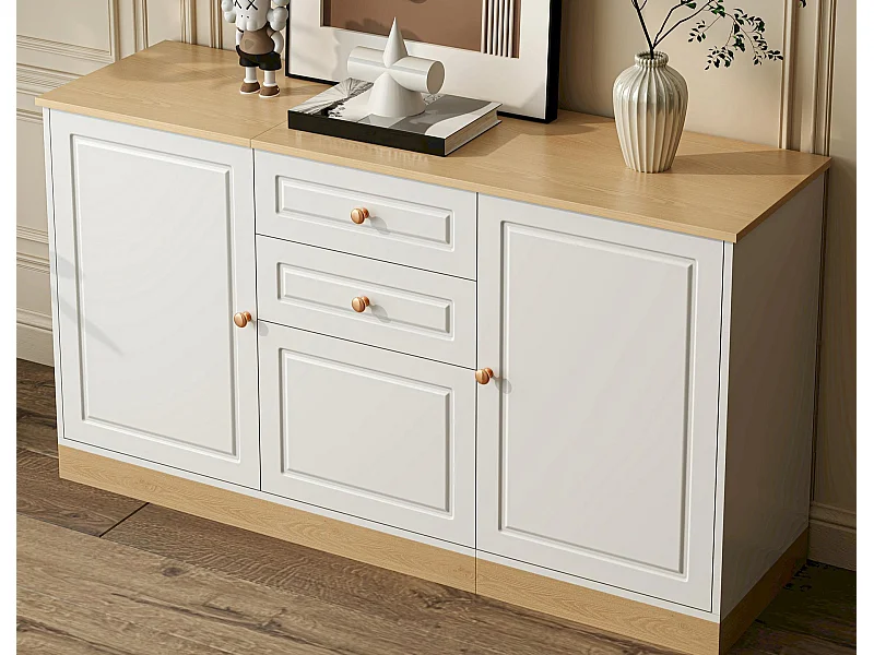 Buffet moderne 135,5x39x76 cm - 3 portes et 2 tiroirs - Large plateau - Étagères réglables - Panneaux de particules - Blanc+naturel