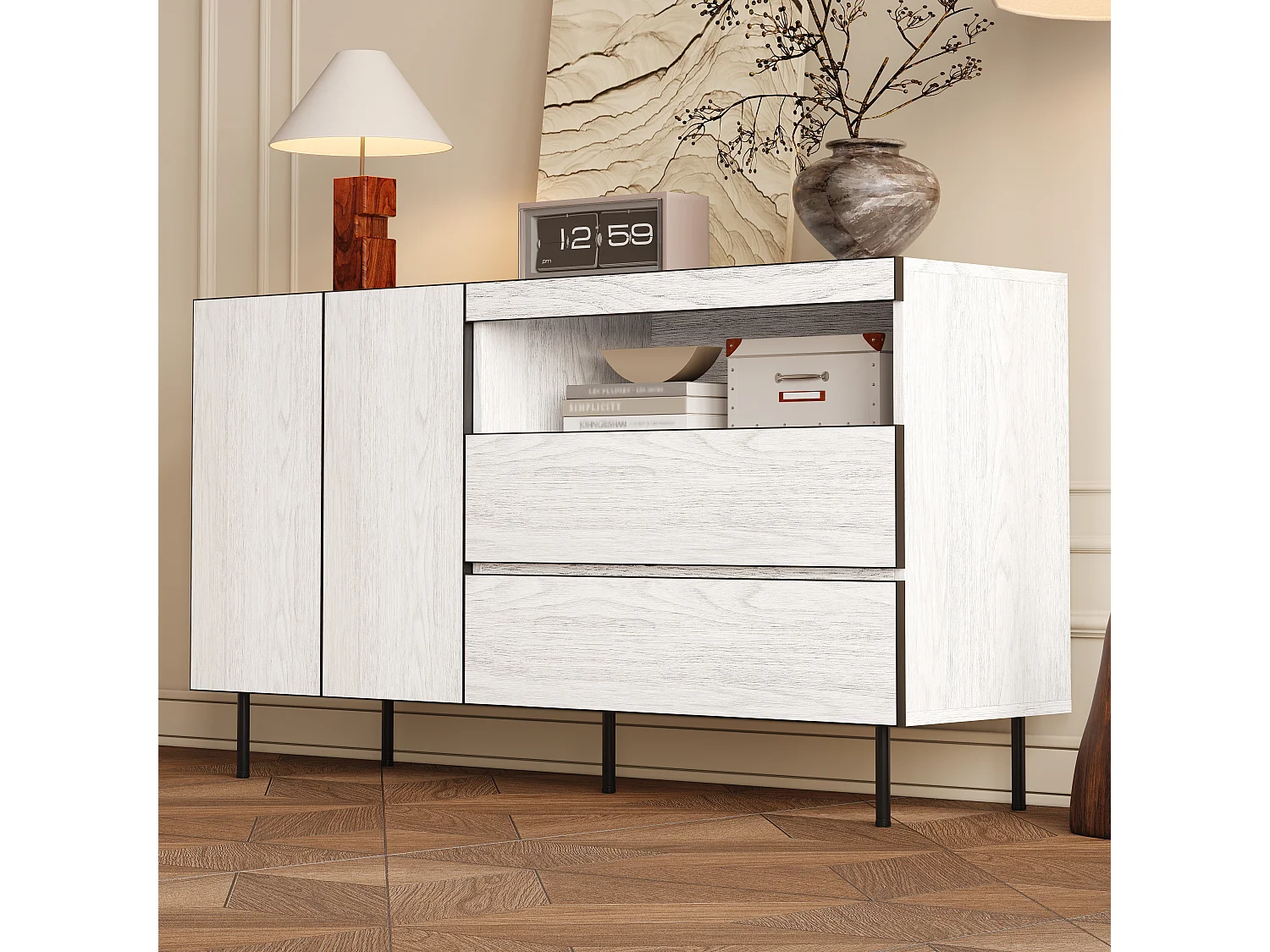 Buffet moderne 140x42x77 cm - 2 portes et 2 tiroirs - Étagères ouvertes - Meuble de rangement - Blanc