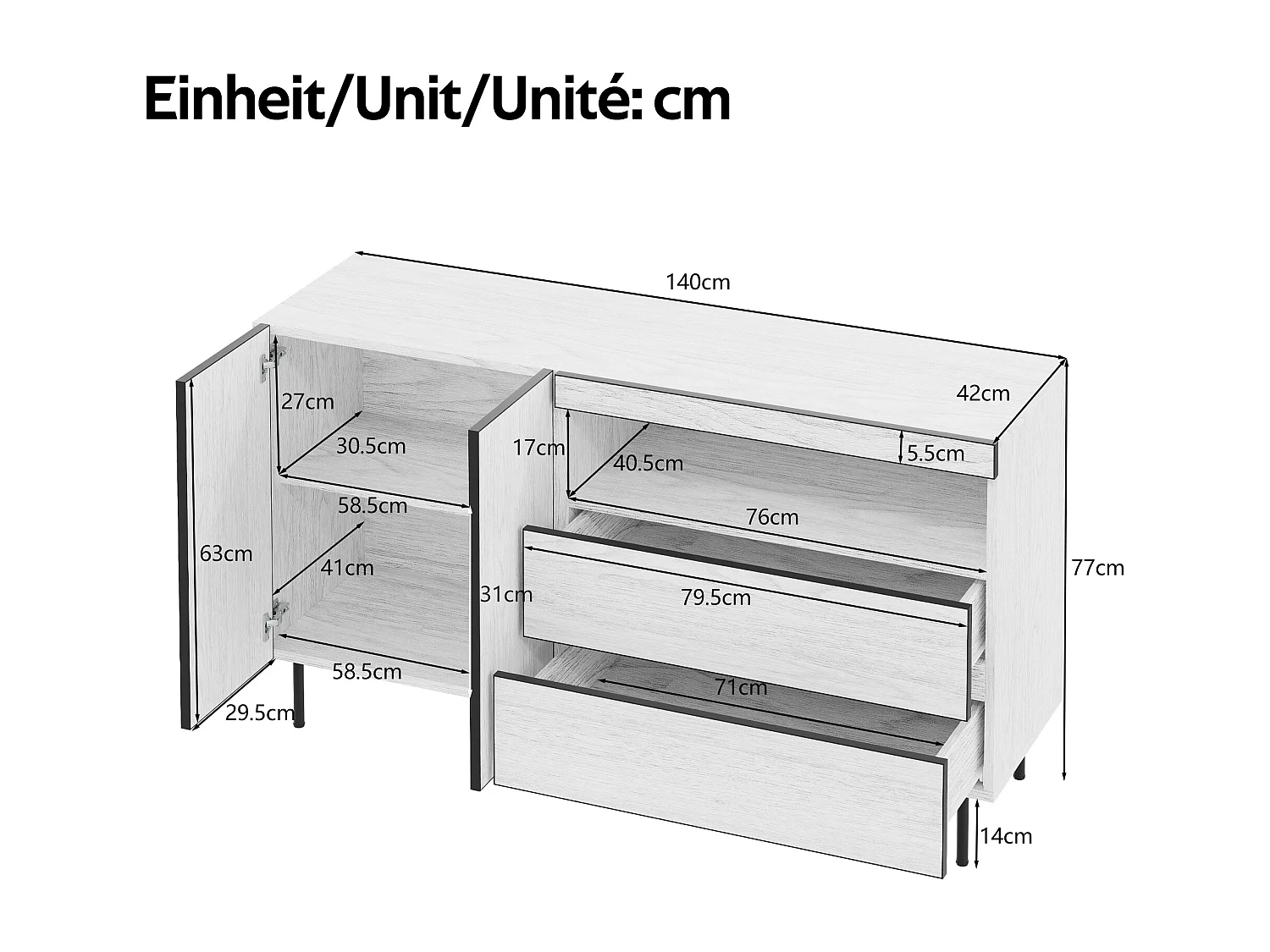 Buffet moderne 140x42x77 cm - 2 portes et 2 tiroirs - Étagères ouvertes - Meuble de rangement - Blanc