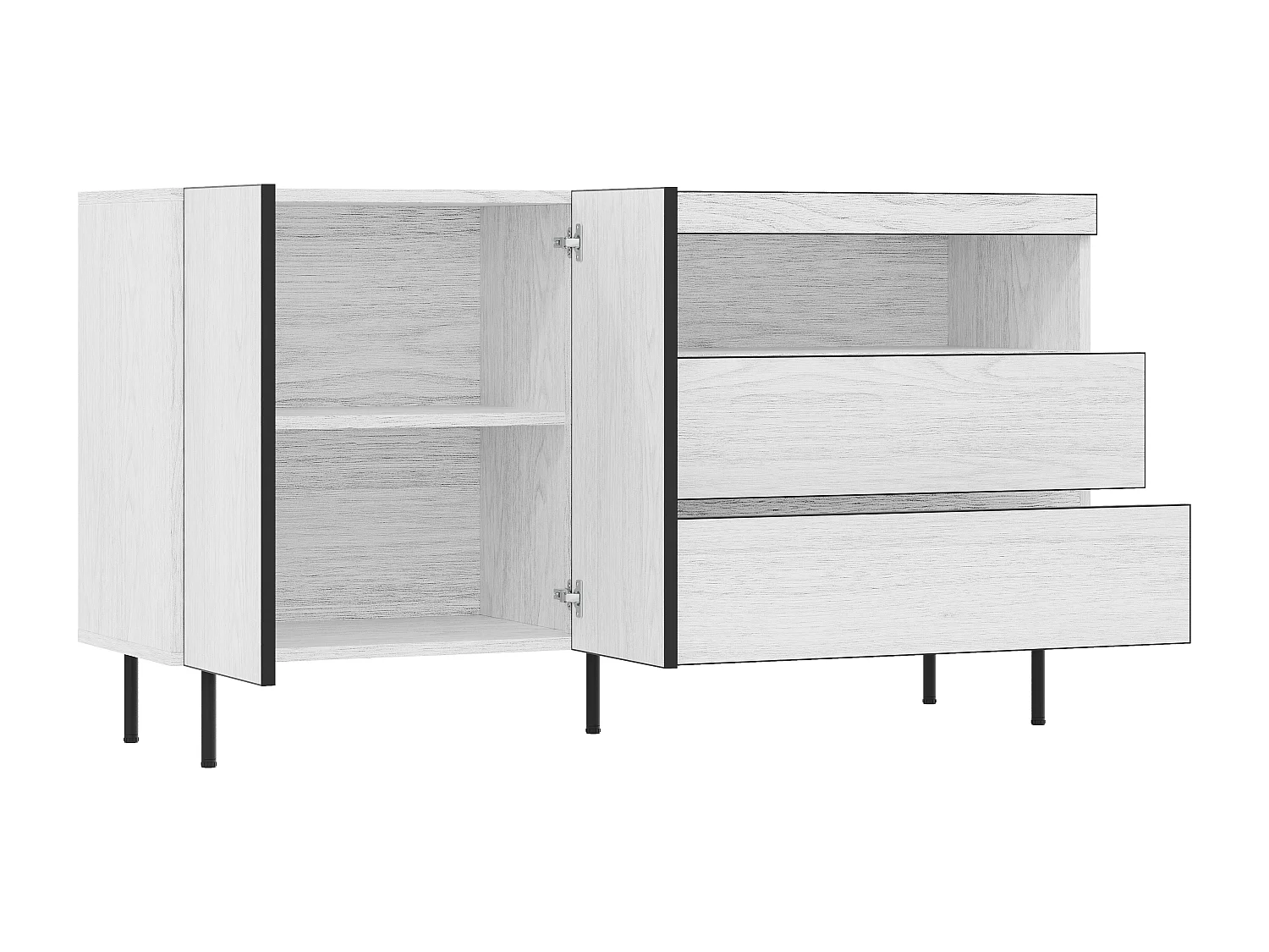 Buffet moderne 140x42x77 cm - 2 portes et 2 tiroirs - Étagères ouvertes - Meuble de rangement - Blanc