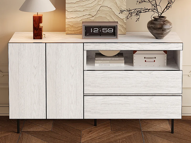 Buffet moderne 140x42x77 cm - 2 portes et 2 tiroirs - Étagères ouvertes - Meuble de rangement - Blanc