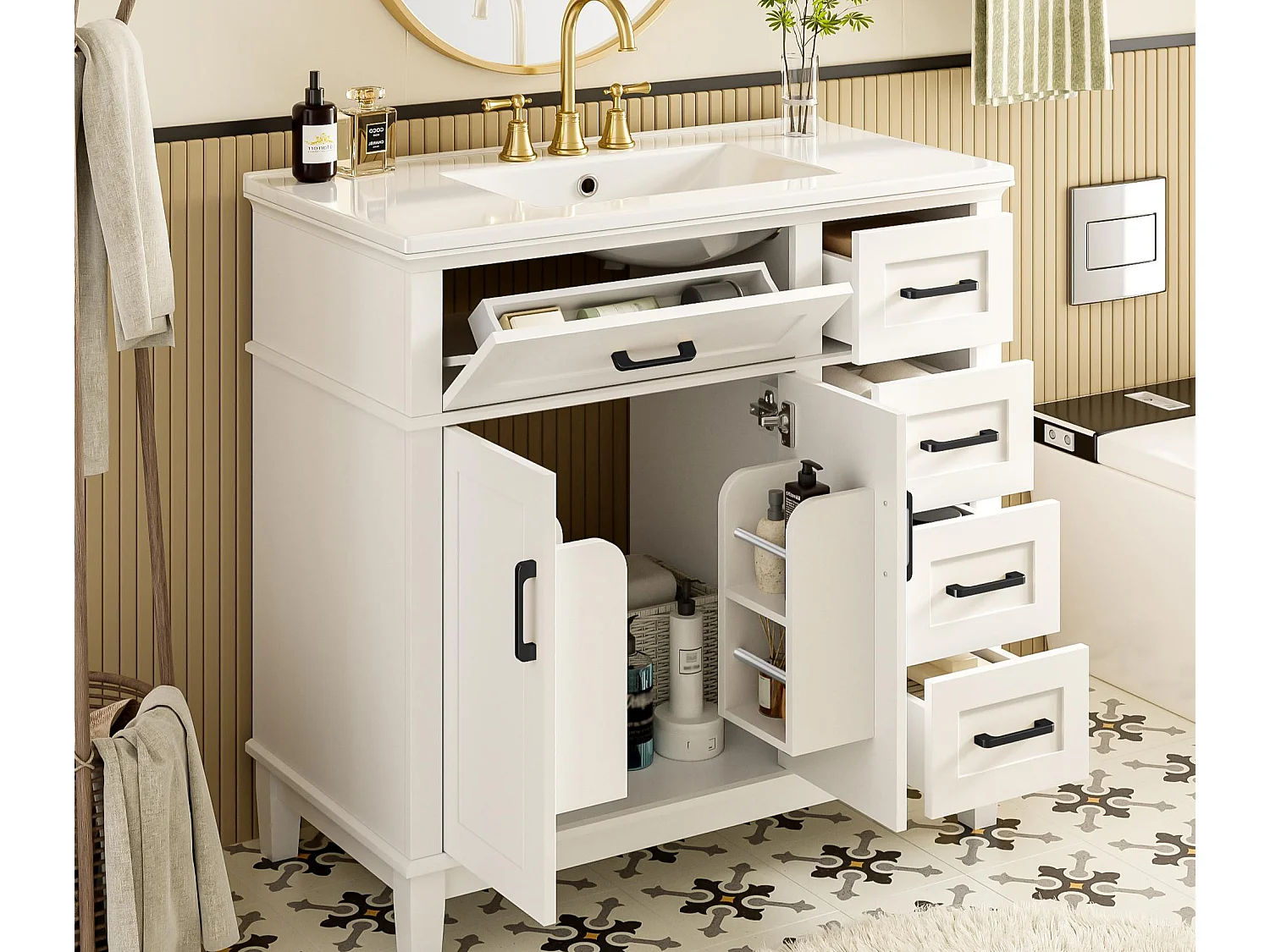 Mueble de baño con lavabo de cerámica 90x46x87 cm - 4 cajones y 3 puertas - Blanco