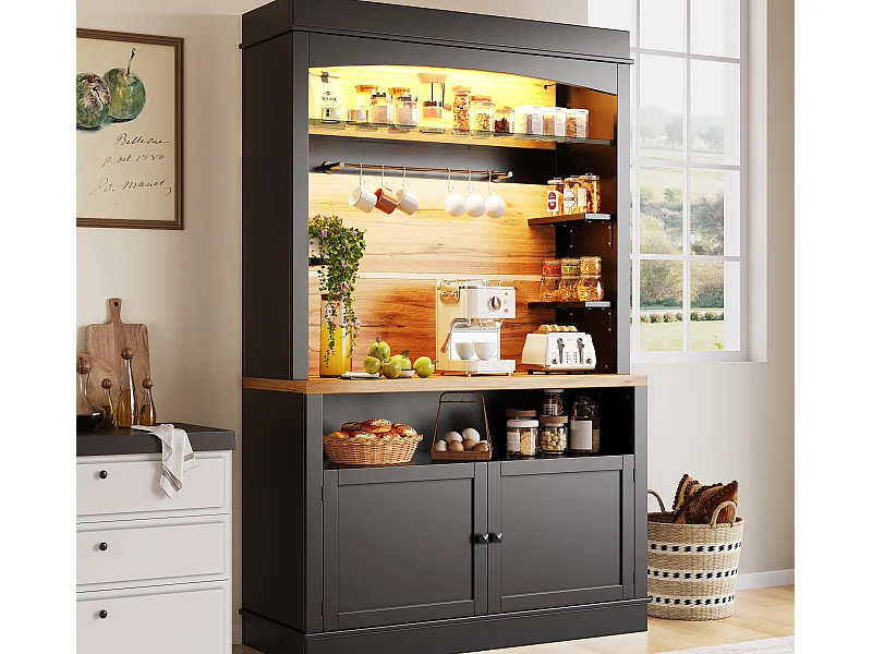 Meuble de cuisine, buffet de cuisine 107x43x184 cm - avec éclairage LED - étagère ouverte - noir