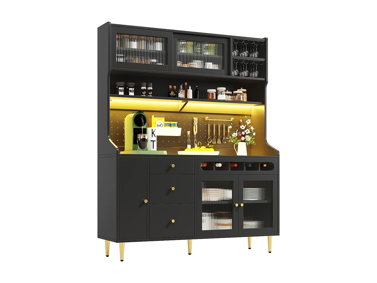 Kredens kuchenny 145x39x171 cm - z oświetleniem LED - 4 drzwi szklane - 3 szuflady - z panelem perforowanym - czarny