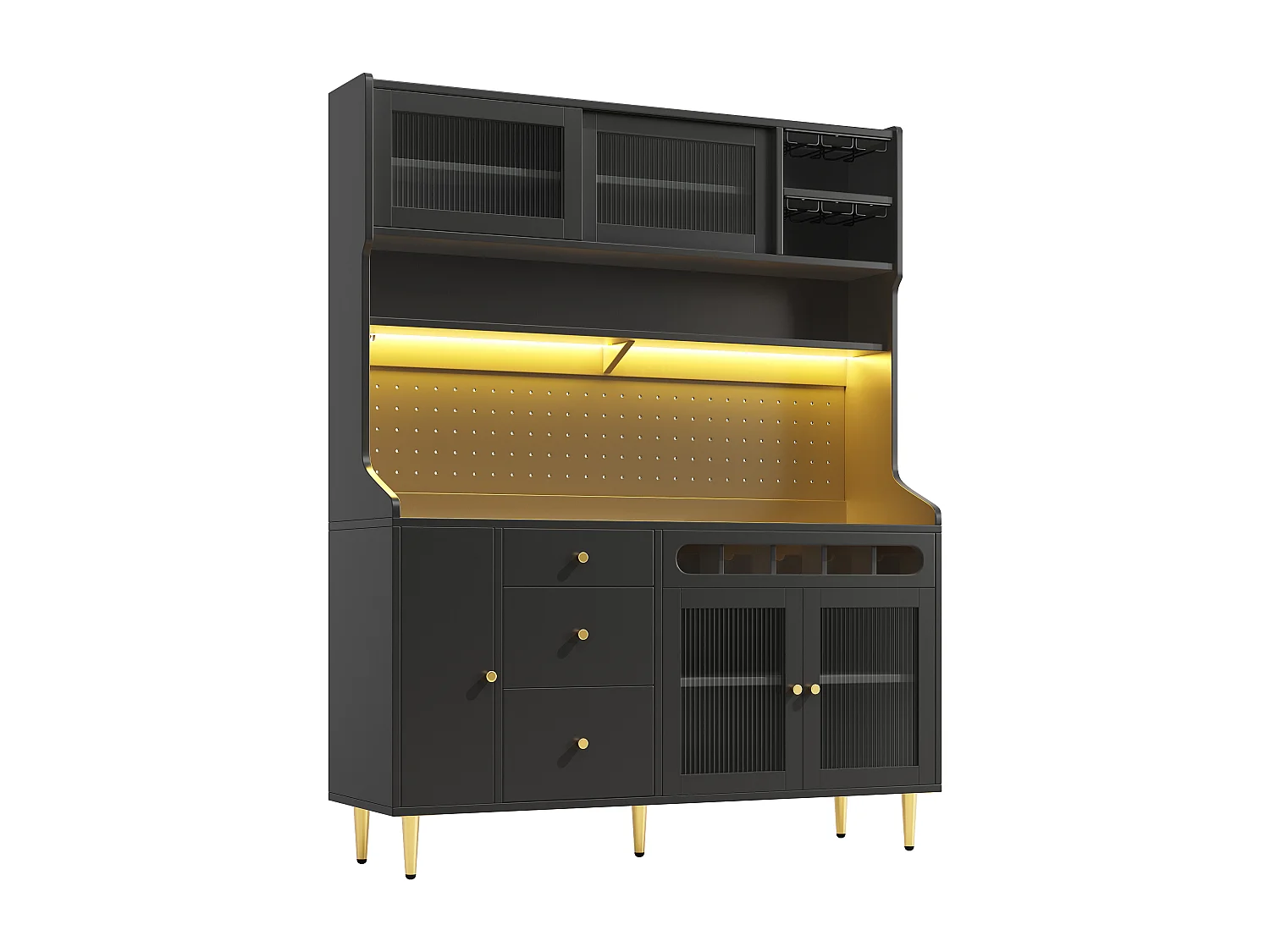 Kredens kuchenny 145x39x171 cm - z oświetleniem LED - 4 drzwi szklane - 3 szuflady - z panelem perforowanym - czarny