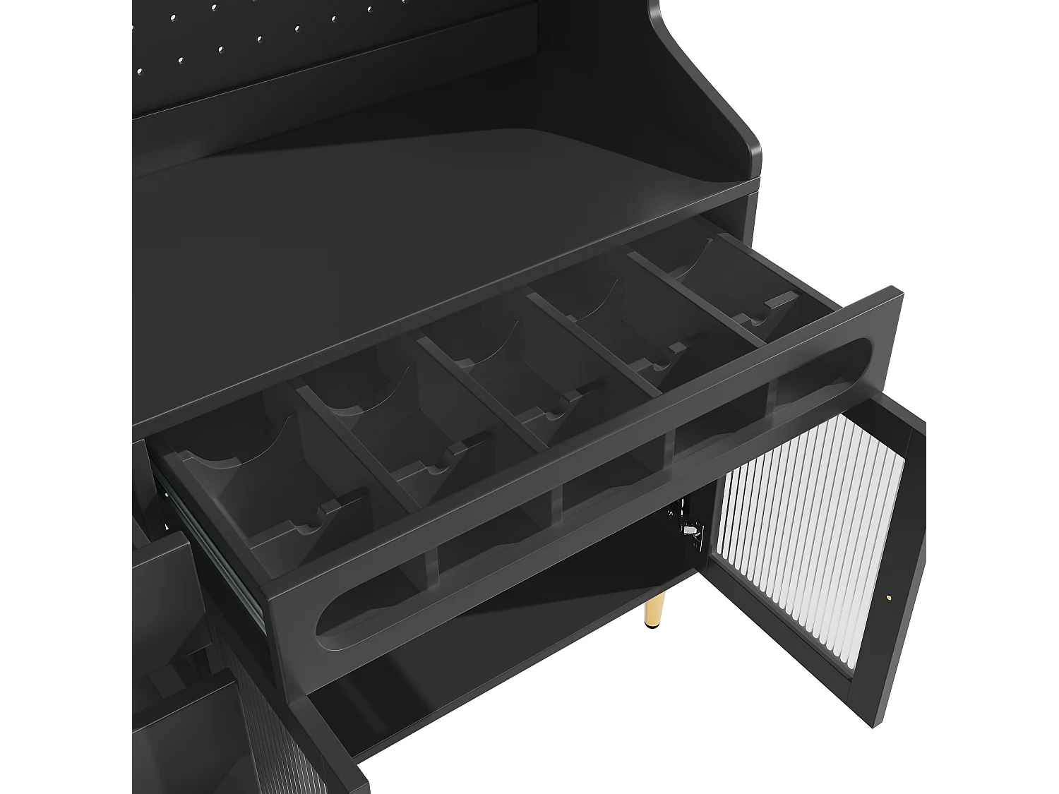 Kredens kuchenny 145x39x171 cm - z oświetleniem LED - 4 drzwi szklane - 3 szuflady - z panelem perforowanym - czarny