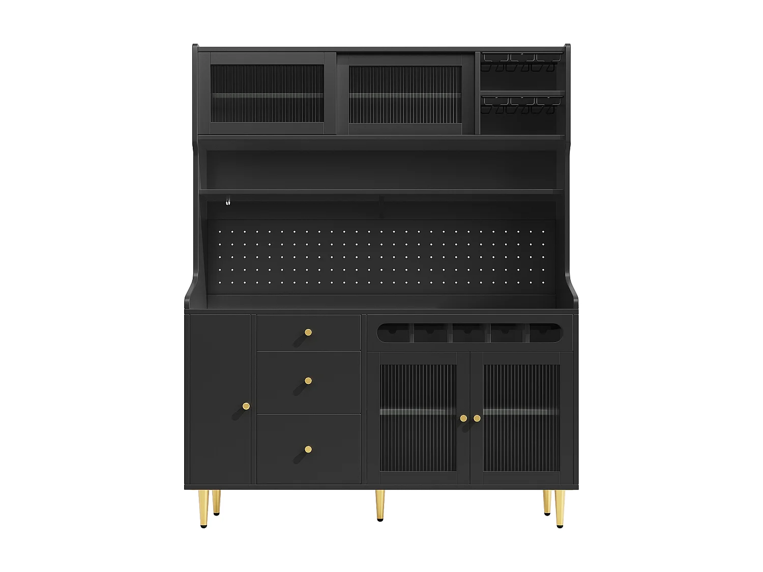 Kredens kuchenny 145x39x171 cm - z oświetleniem LED - 4 drzwi szklane - 3 szuflady - z panelem perforowanym - czarny