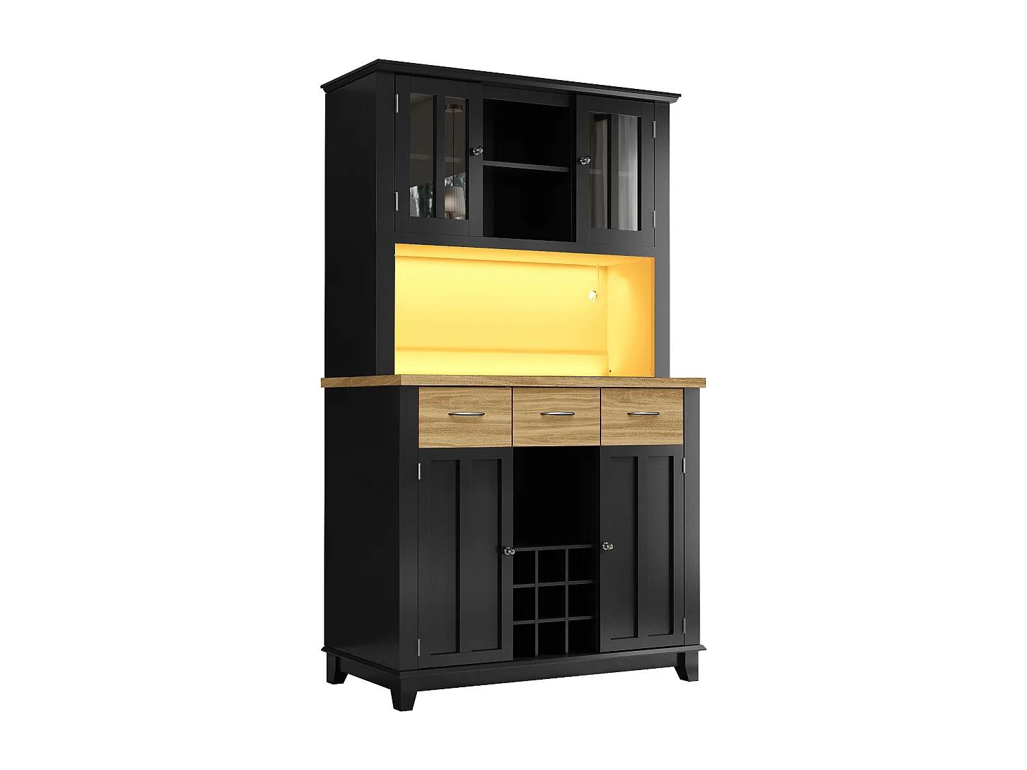 Kredens kuchenny z LED - Wys. 180cm - duża przestrzeń do przechowywania - Czarny