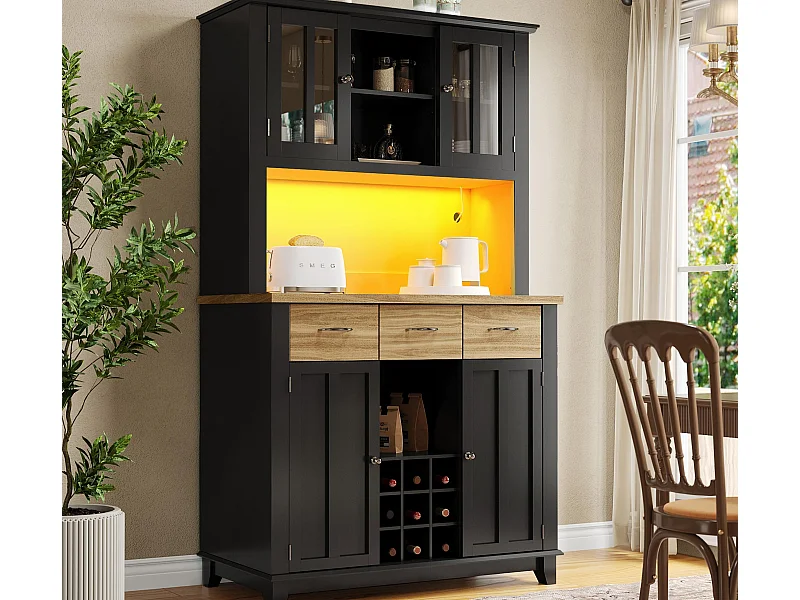 Kredens kuchenny z LED - Wys. 180cm - duża przestrzeń do przechowywania - Czarny