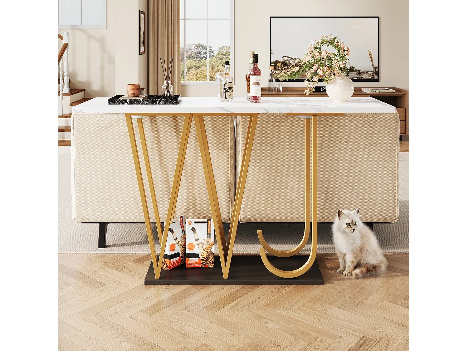 Konsoletisch im modernen Stil 120x29,5x80 cm - für Wohnzimmer oder Flur - Gestell und Füße aus Metall - Weiß