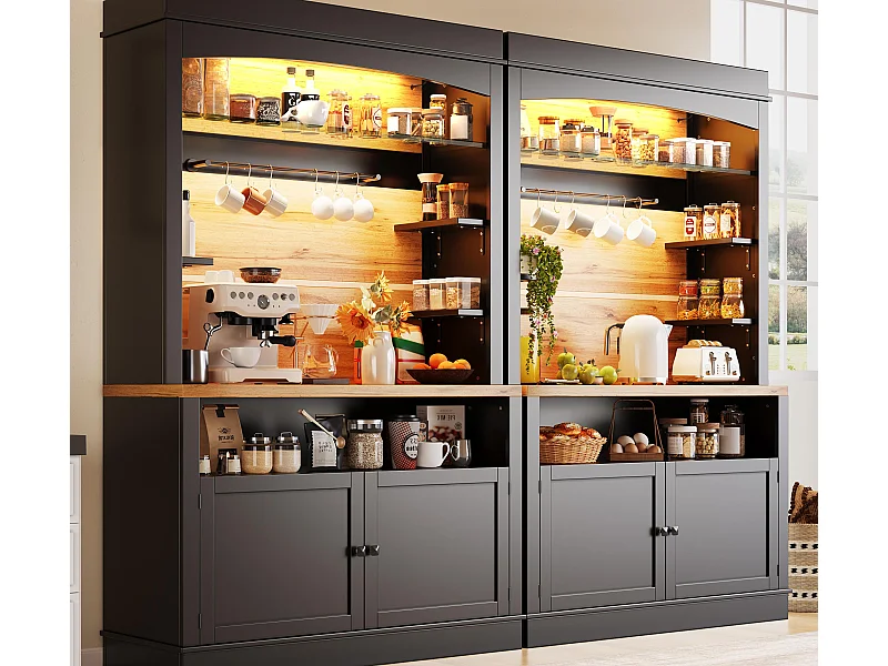 Meuble de cuisine, buffet de cuisine 214x43x184 cm - avec éclairage LED - étagère ouverte - noir